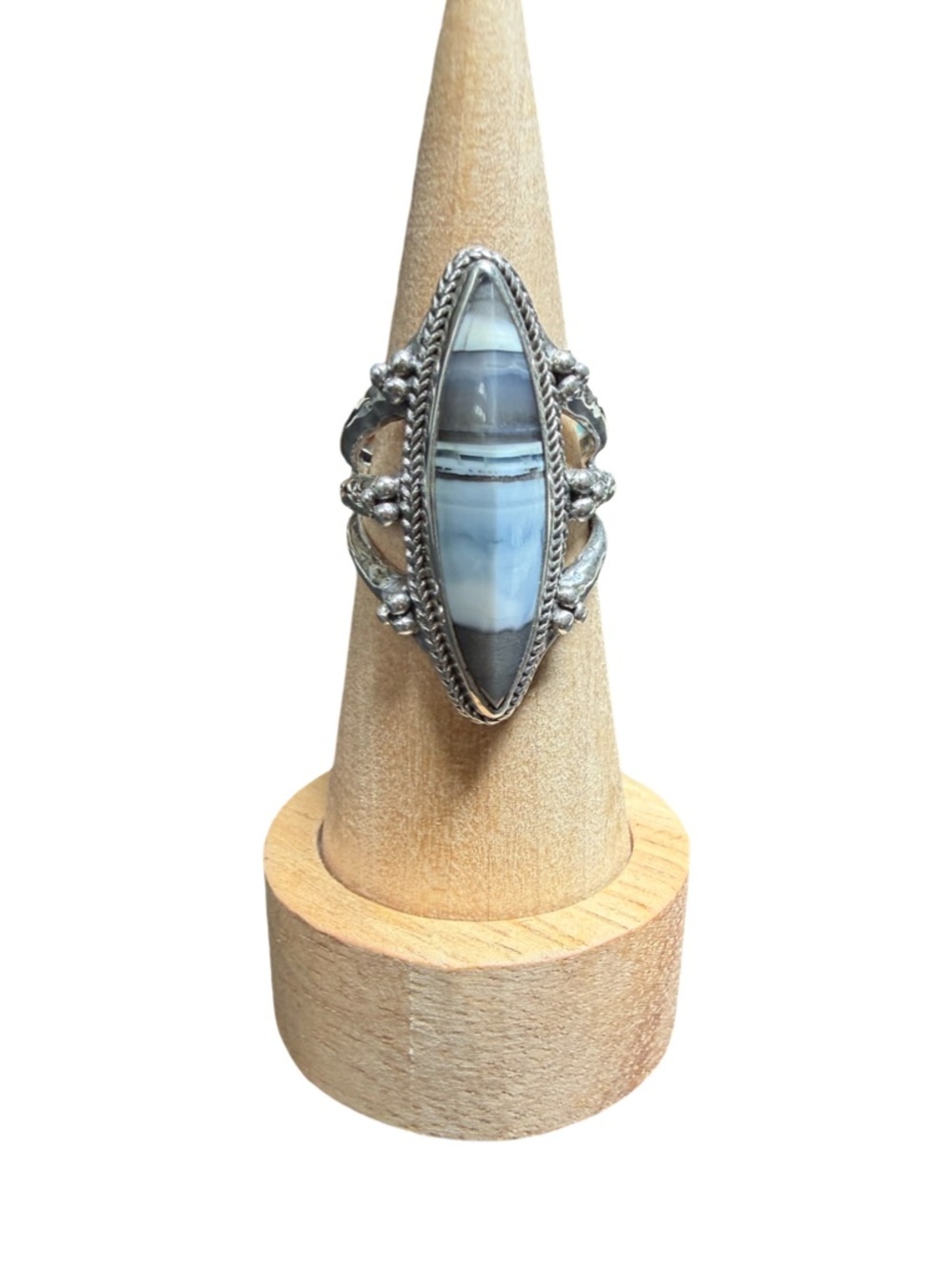 Sarda Oval Blue-Gray Banded Agate Sterling Statement Ring